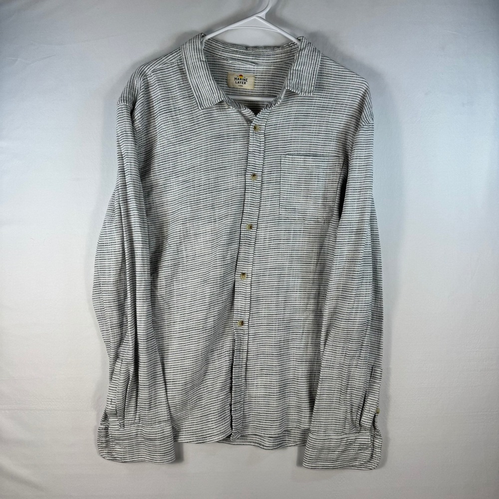 Marine Layer Mens Large White Navy Striped Long Sleeve Button Down Shirt